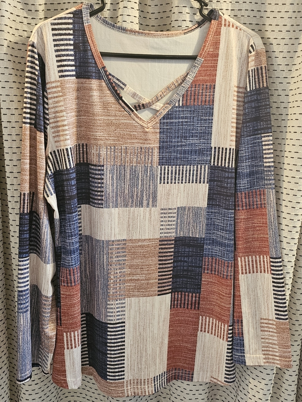 SHEIN Blue & Rust Patchwork V-Neck Strappy Tunic